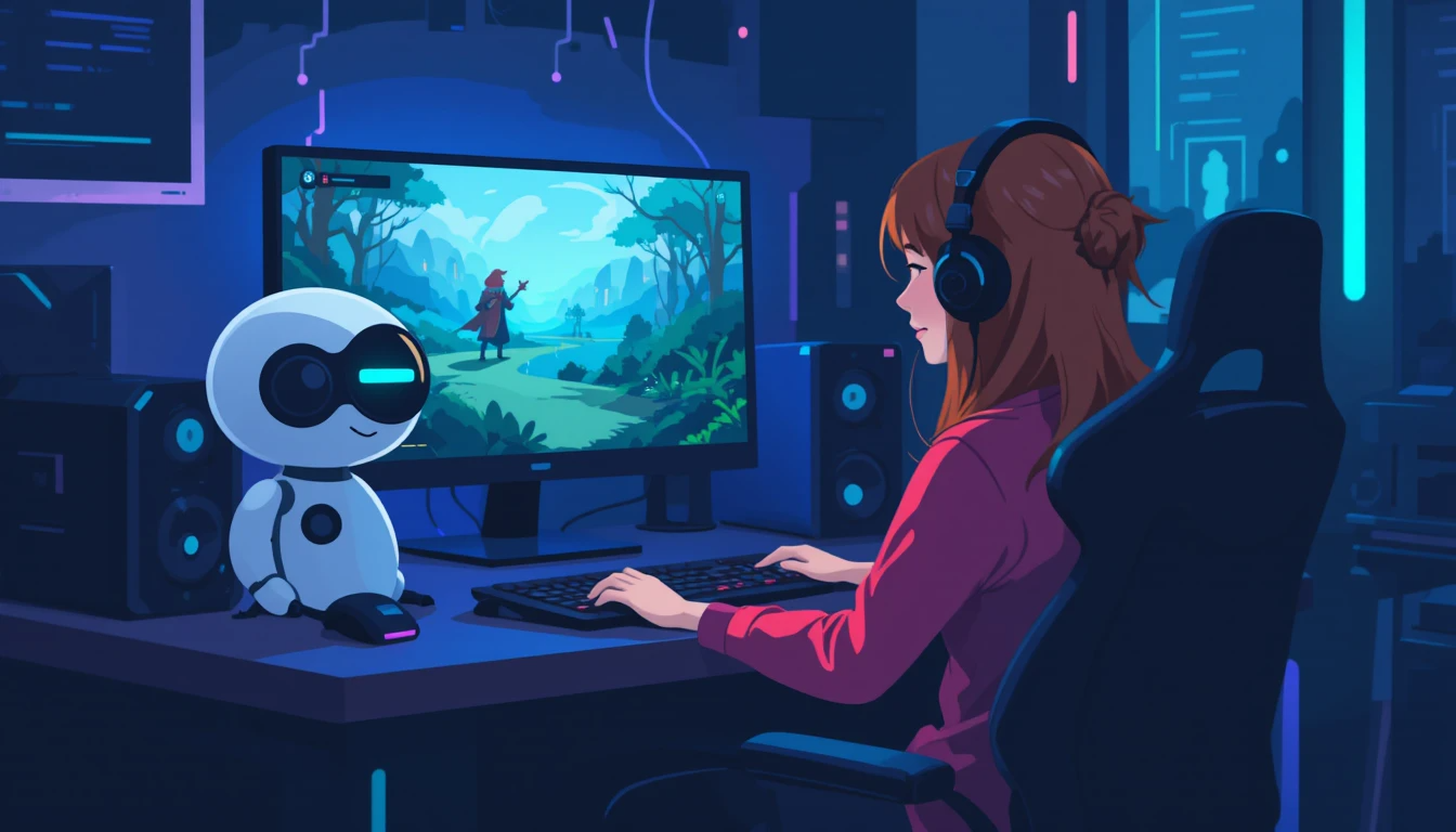 Gaming assistant AI illustration showing a gamer with headphones at desk with AI robot companion